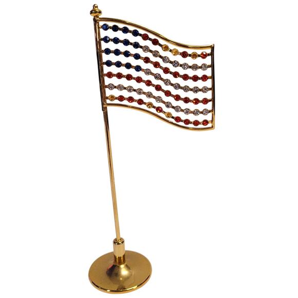 Minature Gold Tone Flag Pole with USA FLAG Colored Stones 6" FLAWED - Picture 1 of 5